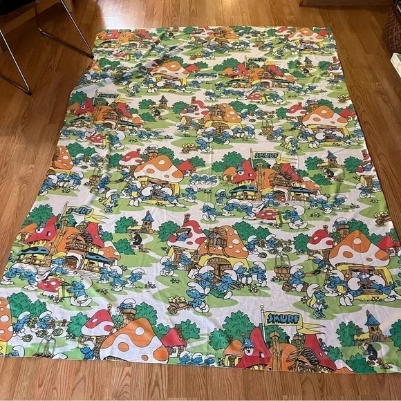 Vtg. 1983 SMURFS Village Twin Fitted & Flat Sheet Pillowcase Set Muslin - Picture 5 of 6